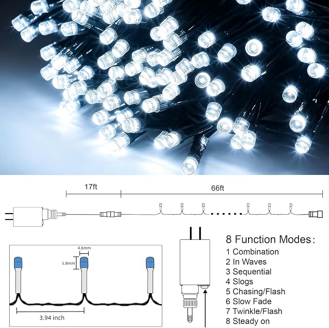HOME LIGHTING 66ft Christmas Decorative Mini Lights, 200 LED Green Wire Fairy Starry String Lights Plug in, 8 Lighting Modes, for Indoor Outdoor Xmas Tree Wedding Party Decoration (White)