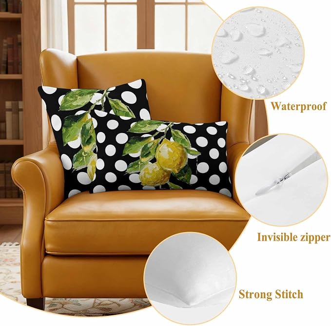 Waterproof Pillow Covers Set of 2,Farmhouse Yellow Lemon Green Leaf Outdoor Pillow Protectors with Zipper Pillowcases for Patio Tent Garden Beach 26x26 Inches Black White Polka Dot