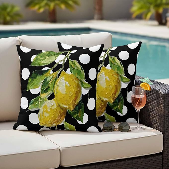 Waterproof Pillow Covers Set of 2,Farmhouse Yellow Lemon Green Leaf Outdoor Pillow Protectors with Zipper Pillowcases for Patio Tent Garden Beach 16x16 Inches Black White Polka Dot