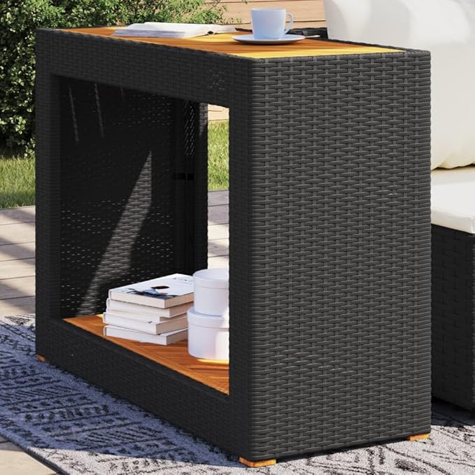 Outdoor Side Table with Acacia Wood Top and Poly Rattan Base, Rectangular Patio Accent Table for Garden, Balcony, and Terrace, 39.4 Inch Black Console