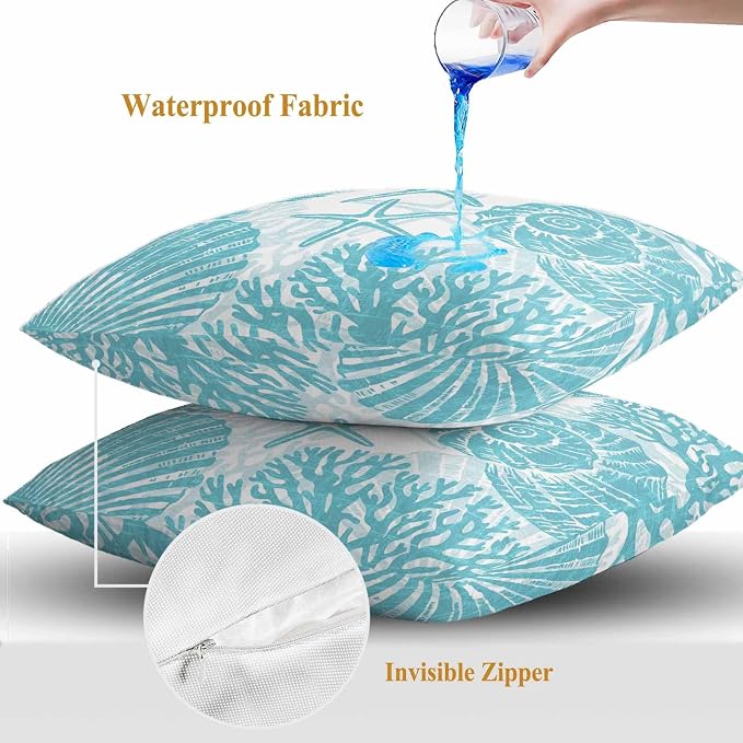 Outdoor Pillow Covers 18x18 Inch Set of 2, Aqua Coastal Waterproof Throw Pillow Covers, Beach Starfish Nautical Coral Shell Summer Decorative Cushion Pillowcases for Couch, Sofa, Bed, Garden, Patio