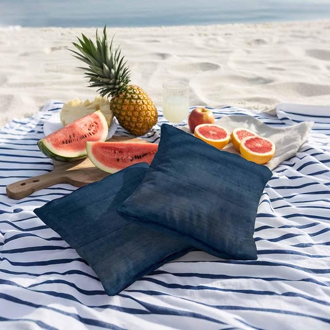 Vandarllin Outdoor Throw Pillows Covers 18x18 inch Set of 2 Waterproof Navy Blue Linen Decorative Zippered Cushion Covers for Patio Furniture, Solid Color Texture Lumbar Pillowcases