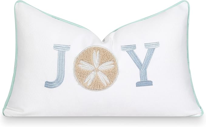 Hofdeco Premium Christams Coastal Patio Indoor Outdoor Lumbar Pillow Cover Only, 12"x20" Water Repellent for Backyard, Couch, Baby Blue Embroidered Joy