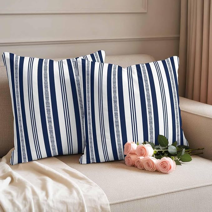 Navy Blue Striped Outdoor Waterproof Pillow Covers, Farmhouse Stripes Modern Geometric Decorative Square Throw Pillowcase Sofa Cushion Sham for Patio/Couch/Chair, 20"x20" 2 Pack