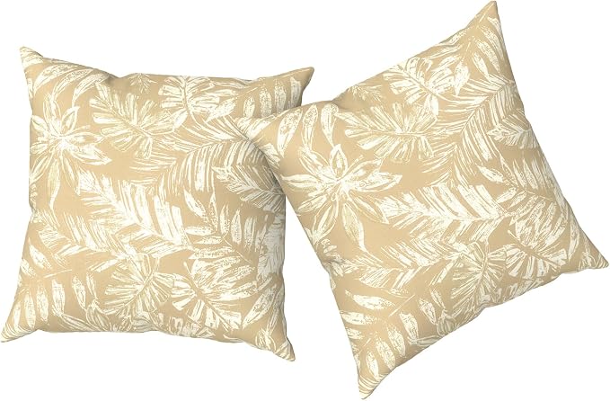 Outdoor Pillows with Insert 18x18 Inch, Waterproof Throw Pillow for Patio Furniture, Decorative Back Cushion for Garden Home Sofa Office Chair, Set of 2, Tropical Leaf Oat