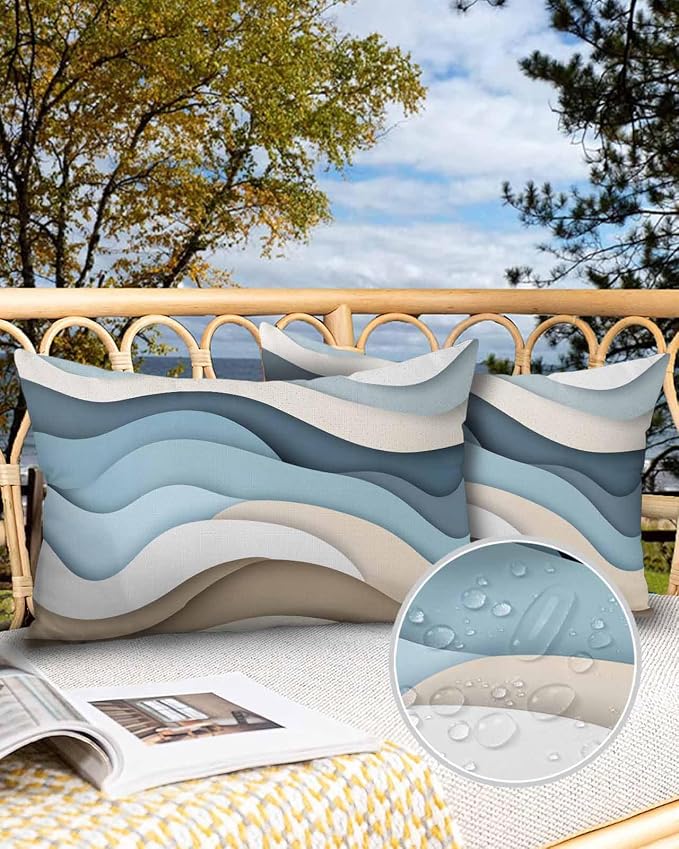 Pack of 2 Blue Brown Abstract Outdoor Pillow Waterproof Covers 20x12 inch, Gradient Water Ripple Polyester Throw Pillow Covers Garden Cushion Decorative Case for Patio Couch Decoration