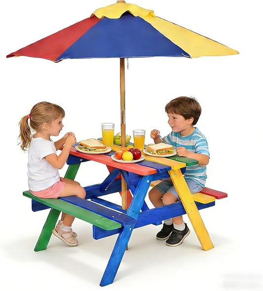 HONEY JOY Kids Picnic Table, Fir Wood Toddler Outdoor Table and Bench Set with Foldable & Removable Umbrella, Kids Picnic Tables for Outdoors, Backyard Furniture for Kids(Colorful)