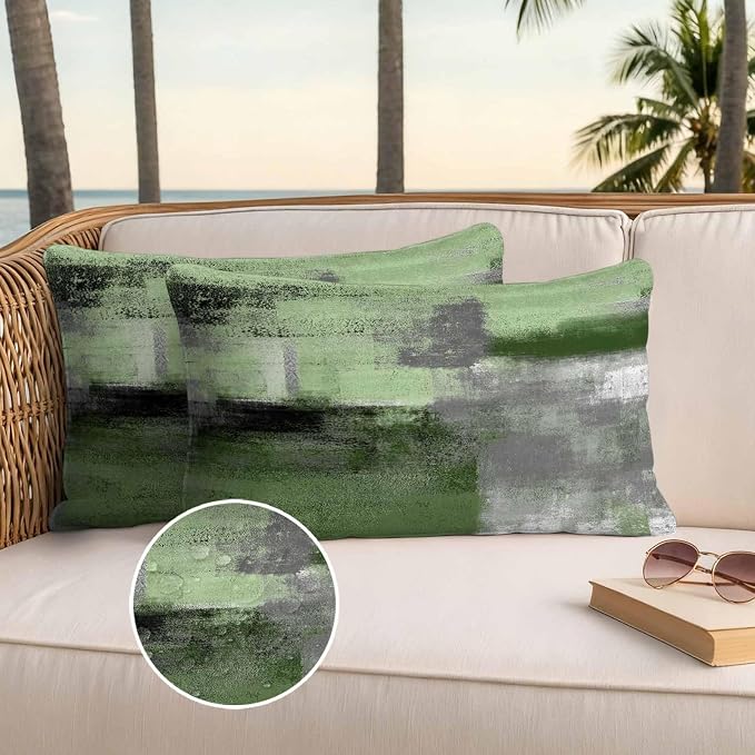 Green Ombre Waterproof Outdoor Pillow Covers Set of 2 Home Decor, Farmhouse Abstract Mottled Texture Art Pillowcase Patio Pillow Covers for Couch Bench Furniture Garden 20x12in