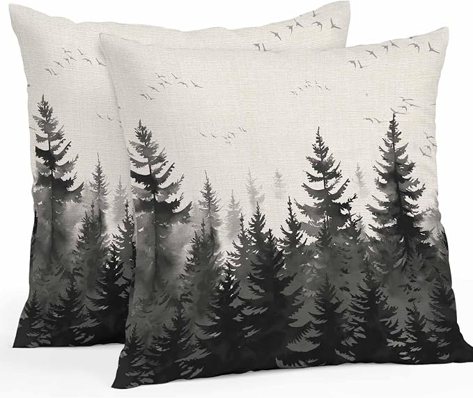 Vandarllin Outdoor Throw Pillows Covers 26x26 inch Set of 2 Waterproof Black Forest Decorative Zippered Cushion Covers for Patio Furniture, Tree Bird Nature Landscape Linen Lumbar Pillowcases