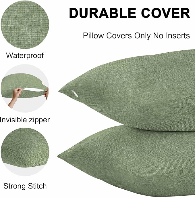 Vandarllin Outdoor Throw Pillows Covers 26x26 inch Set of 2 Waterproof Sage Green Linen Decorative Zippered Cushion Covers for Patio Furniture, Farmhouse Pure Color Lumbar Pillowcases
