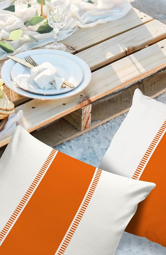 Outdoor Waterproof Throw Pillow Covers 16 x 16 Inches Set of 2 Orange White Stripes Minimalist Simple Pattern Decorative Cushion Cover Pillowcase for Garden Patio Tent Beach Livingroom Sofa Couch
