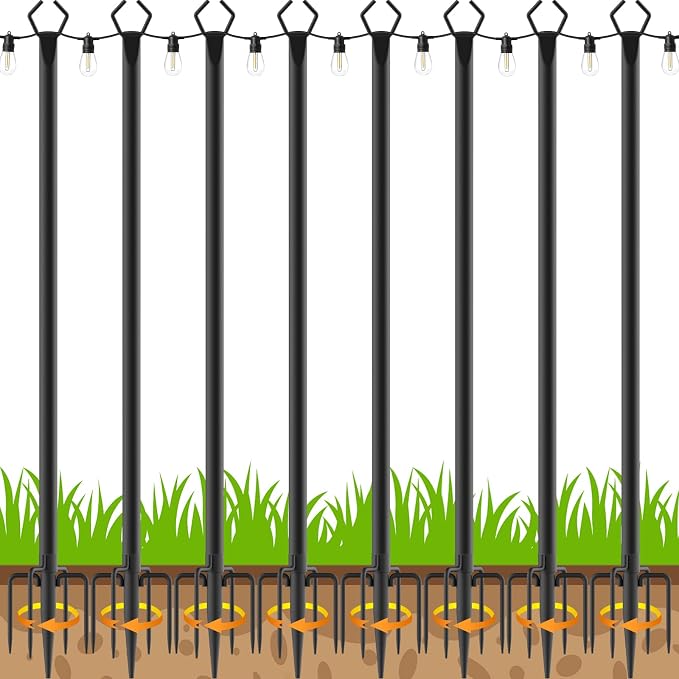 8 Pack 10 ft Heavy Duty Metal String Light Poles Adjustable Outdoor Lighting Stand for Patio,Backyard,Garden,Party & Wedding Rustproof & Sturdy with Hooks
