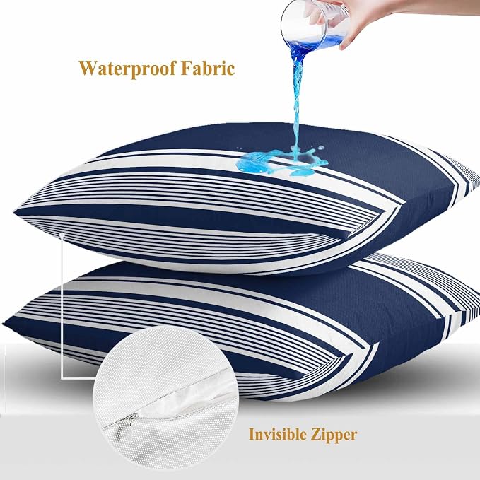Vandarllin Outdoor Throw Pillows Covers 20x20 inch Set of 2 Waterproof Navy Blue Stripes Decorative Zippered Cushion Covers for Patio Furniture, Striped Lines Lumbar Pillowcases