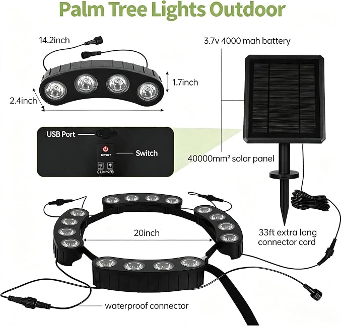 Sublume Solar Tree Lights, Upgraded Solar Spot Lights Outdoor, Warm White | 8.3*7.2in Large Solar Panel with USB Port, 16 COB LED, 33FT Cable, IP65 Waterproof, 4000Mah Uplights for PalmTree, Flag Pole