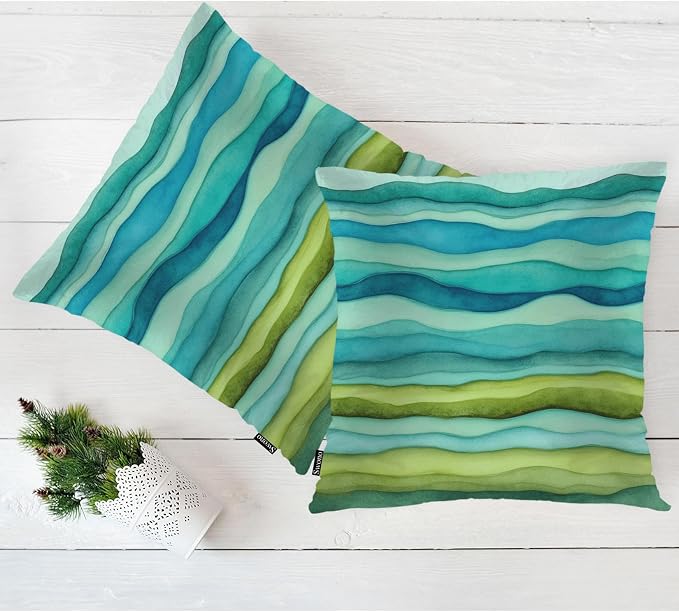 Swono Home Decorative Throw Pillow Covers Blue Green Waves, Watercolor Striped Wavy Marble Set of 2 Modern Pillow Case Cushion Cover for Sofa Couch Bed Farmhouse Pillows Covers Decor 18x18 Inch