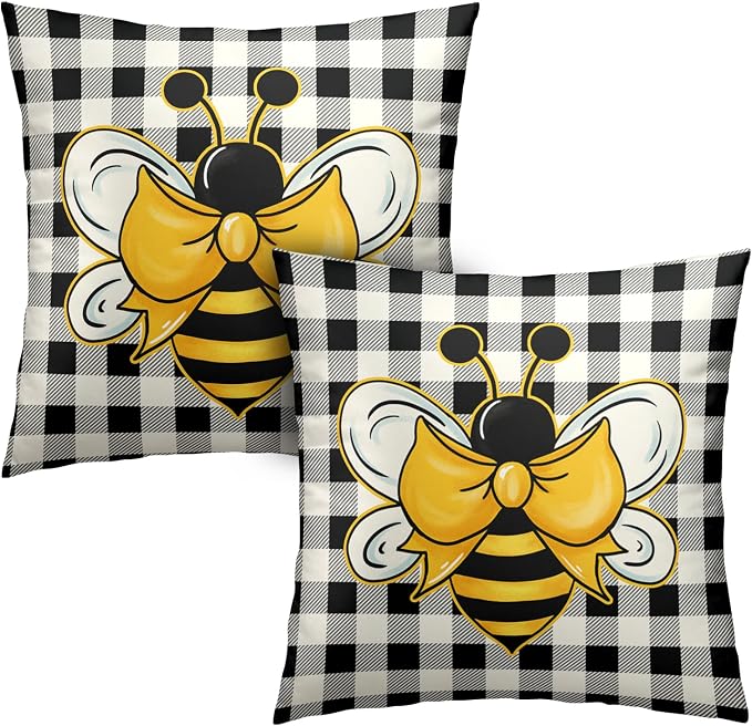 Bee Pillow Covers 16x16 Spring Summer Throw Pillow Covers Black and White Buffalo Plaid Throw Pillow Bee Decorations Home Decor for Indoors Couch Bed in 2 Pcs