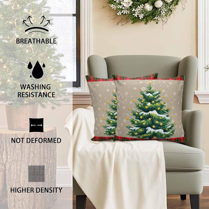 Outdoor Waterproof Throw Pillow Covers, Christmas Trees Winter Snowflake Green Red Tartan Plaid Vintage Burlap Pattern Pillowcases Cushion Covers Cases for Patio Couch Bench, Pack of 2, 16X16 Inch
