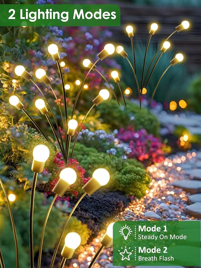 4 Pack Solar Garden Lights, 32 LED Firefly Lights Solar Outdoor Waterproof | 2 Lighting Modes, Sway with Wind, Solar lights Outdoor for Garden Yard Patio Pathway Holiday Decorations, Warm White