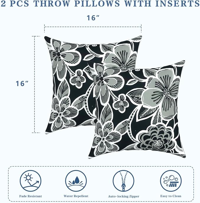 LVTXIII Outdoor Throw Pillows, Decorative Throw Pillows with Inserts, 16"x16" Square Pillows for Bed, Couch, Sofa and Patio Furniture, Set of 2, Flower Black