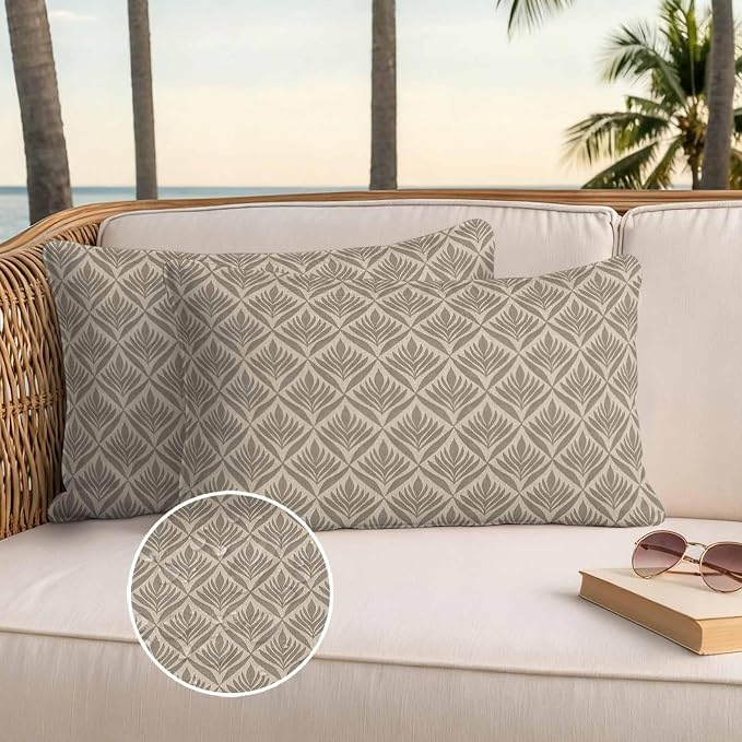 Retro Brown Outdoor Waterproof Throw Pillow Covers Set of 2, 20"x12", Floral Modern Abstract Geometric Decorative Pillow Covers Outside Cushion Case for Patio Porch Garden