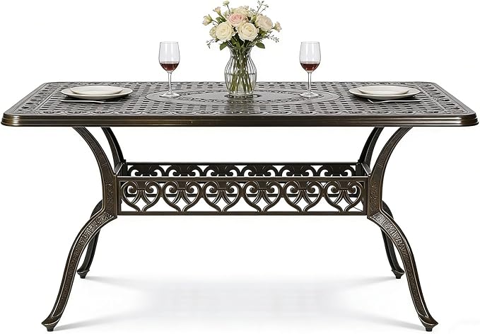 MEETWARM 60"x36" Cast Aluminum Patio Dining Table, Weather-Resistant Outdoor Dining Table for 6-8 Person, Patio Furniture Rectangular Table with Umbrella Hole and Adjustable Foot Pads, Dark Bronze