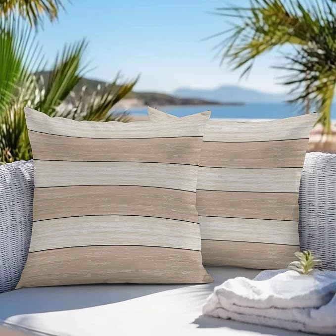 Vandarllin Outdoor Throw Pillow Covers 26X26 Set of 2 Waterproof Ivory White Beige Decorative Zippered Cushion Covers for Patio Furniture, Farmhouse Retro Rustic Barn Wood Texture Lumbar Pillowcases