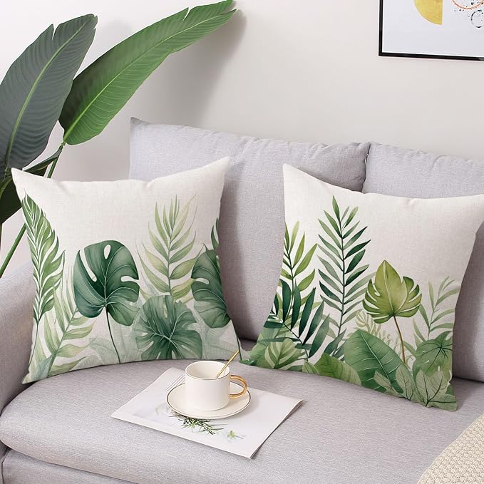 Tropical Leaves Outdoor Waterproof Pillow Covers 18 X 18 Inch Set of 4 Palm Leaf Plant Decorative Cushion Cases for Patio Furniture Garden