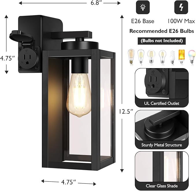 BesLowe Porch Lights with Outlet, Modern Outdoor Wall Light Fixtures, Black | UL-Listed Extra Power Socket, Waterproof, Rust-Resistant, Durable Metal with Clear Glass, Easy to Install