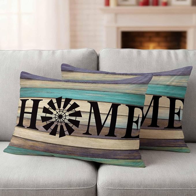 Outdoor Pillow Covers Set of 2, Farm Home Windmill Decorative Throw Pillow Covers 20X12IN, Farmhouse Vintage Wood Board Throw Pillows Protector Cushion Case for Patio,Couch,Sofa,Garden
