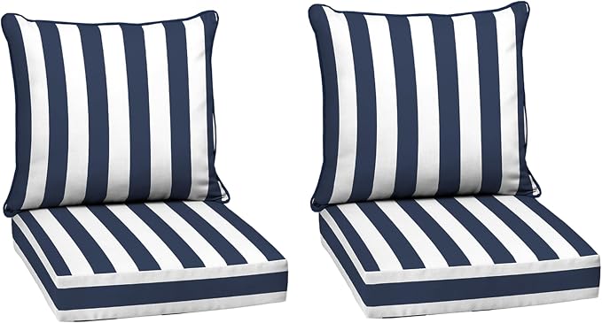 Arden Deep Seat Outdoor Chair Cushion Set (2-Pack), 24 in x 24 in, Weather-Proof, Rain-Proof, Fade Resistant Patio Cushion Set for Chair, Sofa, and Couch Sapphire Blue Cabana Stripe | Outdoor Sofa, Couch, Conversation Set, Weather-Proof, Rain-Proof, Fa...