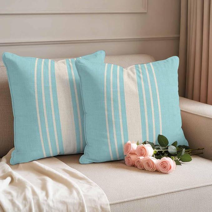 Throw Pillow Covers 24x24 Inch Set of 2, Aqua Beige Striped Waterproof Outdoor Cushion Covers, Modern Farmhouse Retro Lines Decorative Pillowcases for Couch, Sofa, Bed, Garden, Patio