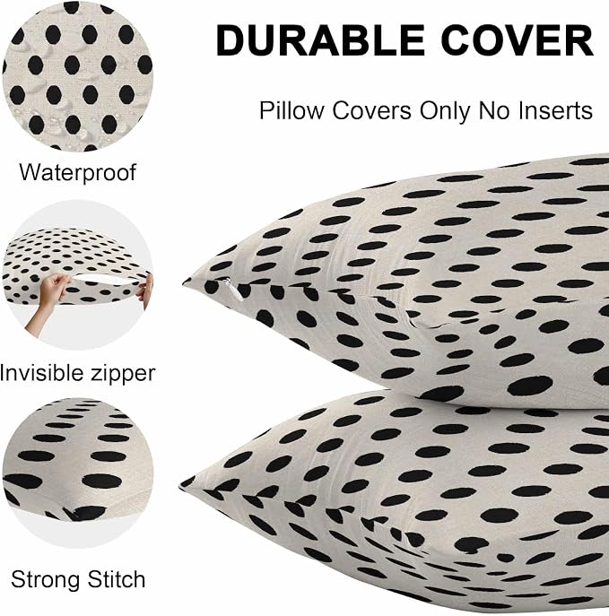 Outdoor Waterproof Throw Pillow Covers Set of 2 Black White Polka Dots Pillowcases 26x26 Inches Cute Solid Color Linen Decorative Pillows Cushion Case Patio Pillows for Couch Bed Chair Garden