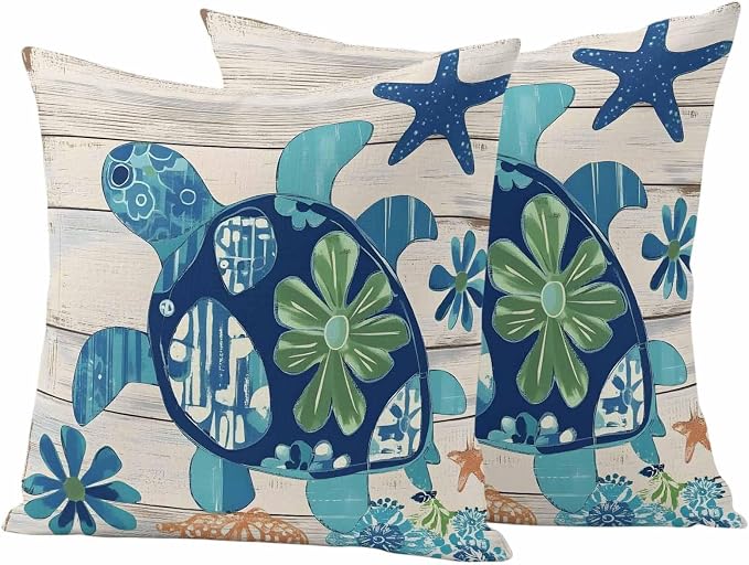 Ocean Turtle Outdoor Waterproof Throw Pillow Covers Set of 2, 26"x26", Sea Animals Rustic Wooden Board Decorative Pillow Covers Outside Cushion Case for Patio Porch Garden