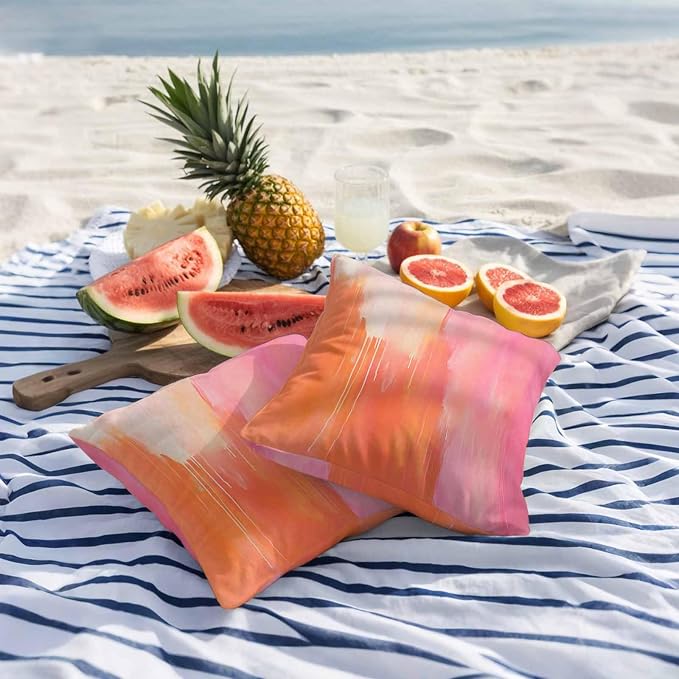 Outdoor Waterproof Pillow Covers Abstract Ombre Orange Pink Pack of 2 Lumbar Pillow Cover Oil Painting Art Decorative Cushion Pillowcases for Patio Couch Bench Garden 16 x 16 Inches