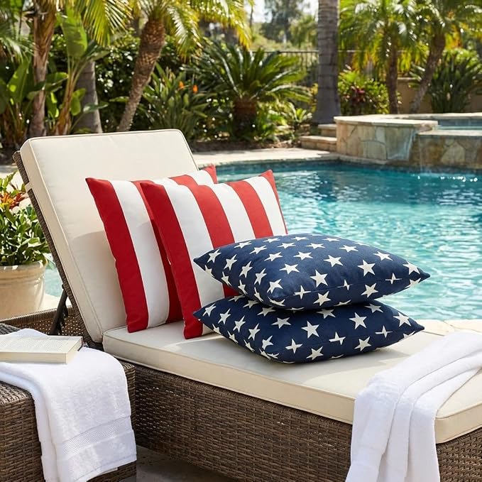 RSH DECOR Square Throw Pillows Set of 4, 17" x 17", Outdoor Pillows Waterproof, Outdoor Pillow Covers, Pillow Covers for Couch, Americana Stars & Red and White Stripe, Made in USA