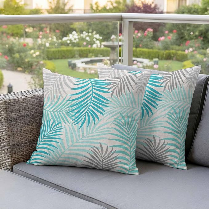 Outdoor Waterproof Throw Pillow Covers, Teal Grey Palm Leaves Decorative Pillow Cases, Summer Botanical Tropical Leaf Couch Pillow Protector Patio Sofa Cushion Covers Replacement 24"x24" 2 Pack