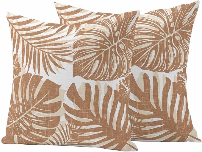 Brown Palm Leaves Outdoor Pillow Covers 24"x24" Set of 2, Tropical Botanical Minimalist Modern Waterproof Throw Pillow Covers for Patio Furniture, Decorative Cushion Covers for Porch