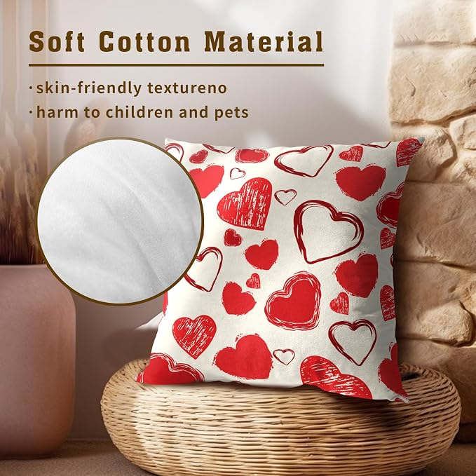 Valentines Day Throw Pillow Covers 16x16, Cute Doodle Red Love Hearts Decorative Pillow Cases Double Side Printed Square Cushion Cover for Wedding Anniversary Home Decor Set of 2