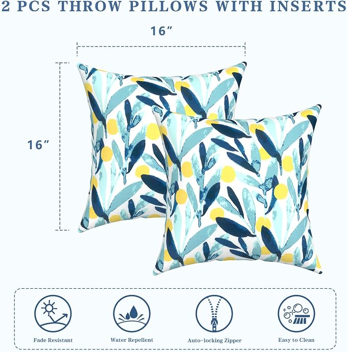 LVTXIII Outdoor Throw Pillows, Decorative Throw Pillows with Inserts, 16"x16" Square Pillows for Bed, Couch, Sofa and Patio Furniture, Set of 2, Leaves Multi