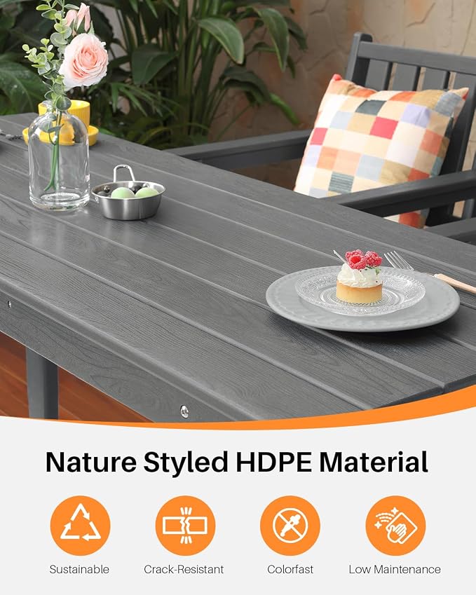 5-Piece HDPE Patio Bar Set, Rectangular Bar Height Table and 4 Adirondack Bar Chairs, Weatherproof Outdoor Bar Stools Set, Outdoor Bar Table and Chairs Set for Deck, Balcony, Pool, Smoke Gray