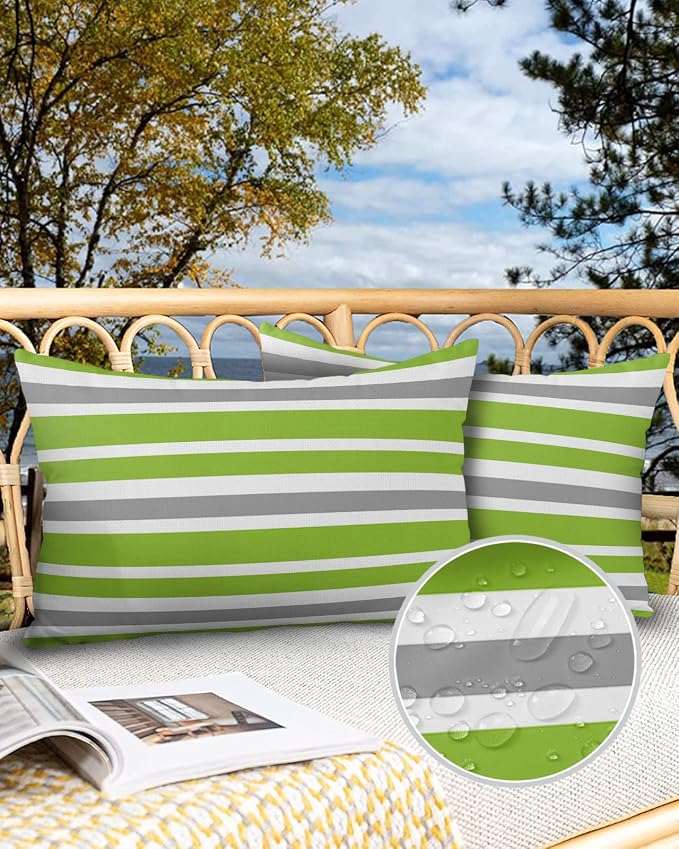 Outdoor Waterproof Lumbar Throw Pillow Covers Set of 2 Grey Green Stripes Decorative Outdoor Pillows Cushion Case 20x12 Inch Classic Striped Patio Pillows for Couch Sofa Bed Garden Home Decor