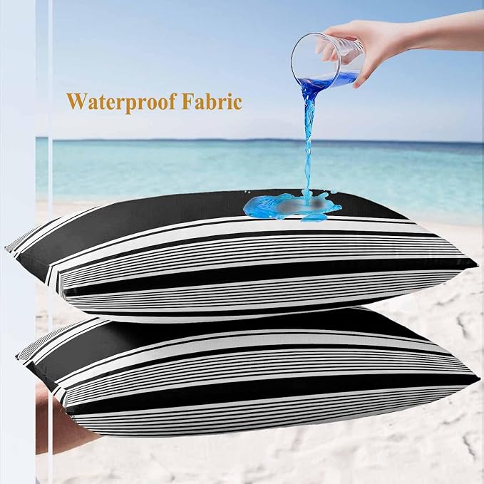 Vandarllin Outdoor Throw Pillows Covers 20x12 inch Set of 2 Waterproof Black Stripes Decorative Zippered Cushion Covers for Patio Furniture, Striped Lines Lumbar Pillowcases
