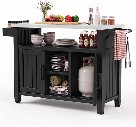 EFU Outdoor Bar Cart, Kitchen Island with Storage Cabinet & Stainless Steel Top, Outdoor Grill Table for Food Prep, Drinks, Snacks, and Cooking, Grill Cart for Parties, Pool, BBQ