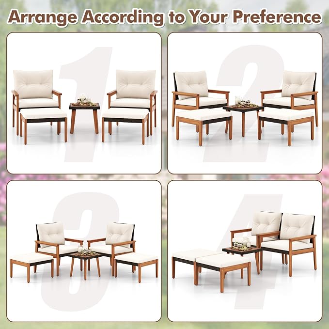HAPPYGRILL 5 Pieces PE Rattan Patio Conversation Set, Wicker Chairs with Square Coffee Table, Ottomans & Soft Cushions, Outdoor Furniture Set with Solid Acacia Wood Frame for Porch, Balcony & Poolside