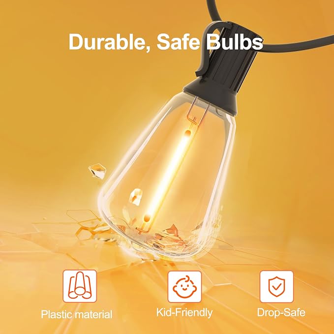 BLIATLUS 50FT Solar String Lights Outdoor Remote 17 Shatterproof LED Bulbs | Waterproof Remote Control Solar Lights Porch Garden Market Bistro Patio Backyard Fence