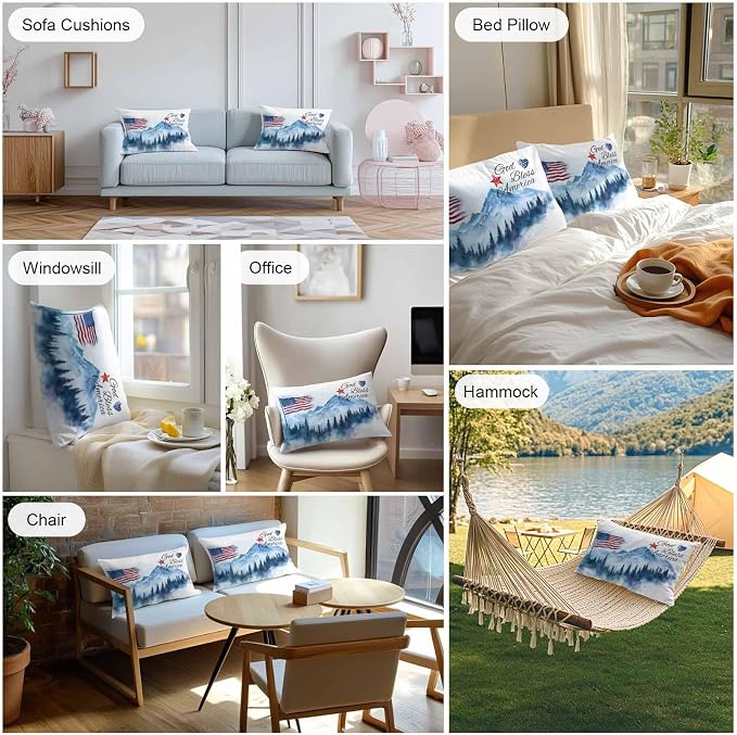 4th of July American Flag Outdoor Pillow Covers 20x12 Inch Lumbar Pillow Covers Set of 2 Waterproof Decorative Throw Pillow Cases Independence Day Forest Cushion Covers for Patio Furniture Garden