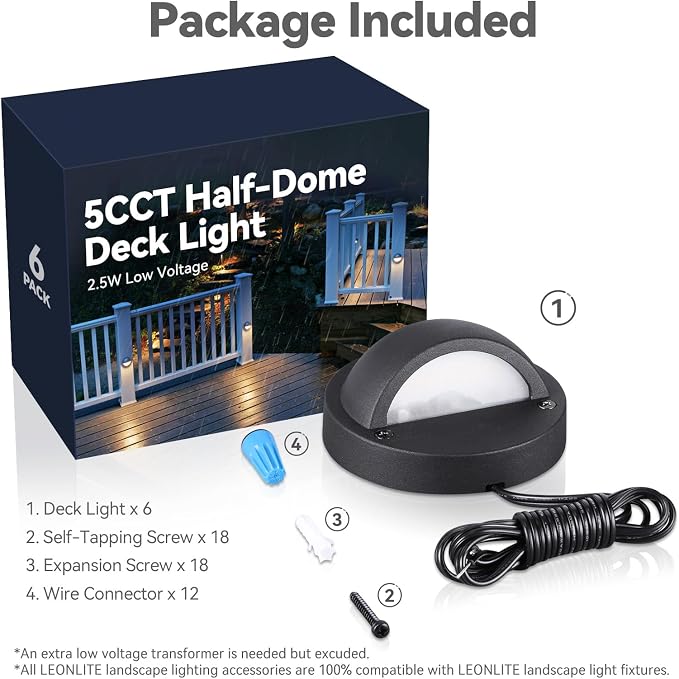 LEONLITE 6-Pack 5CCT 3.74inch Low Voltage LED Deck Lights, Black | 180LM, 12-24V AC/DC, CRI90, UL Listed, Die-cast Aluminum Housing, Frosted Glass Lens, 1800K/2700K/3000K/4000K/5000K