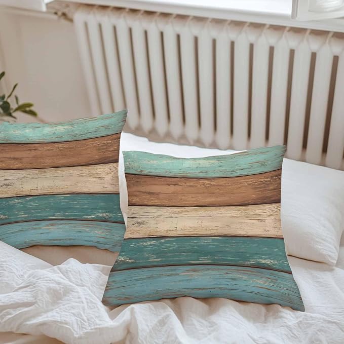 Outdoor Throw Pillows Covers 16X16 Set of 2 Waterproof Teal Turquoise Green Brown Decorative Zippered Cushion Covers for Patio Furniture, Farmhouse Retro Rustic Barn Wood Texture Lumbar Pillowcases