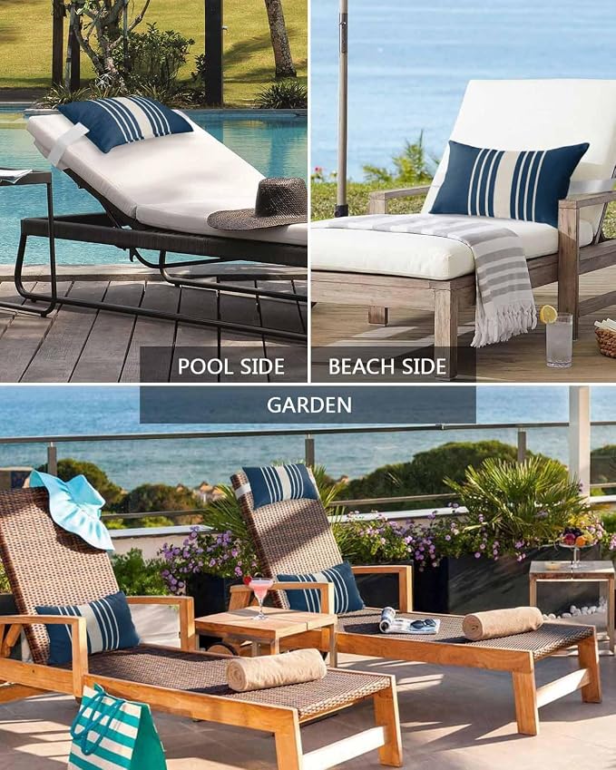 Pack of 2 Outdoor Lumbar Pillow Covers 12x20 Inch, Navy Blue Beige Striped Waterproof Throw Pillow Covers Set, Modern Farmhouse Retro Lines Indoor&Outdoor Cushion Cases for Patio Porch Beach