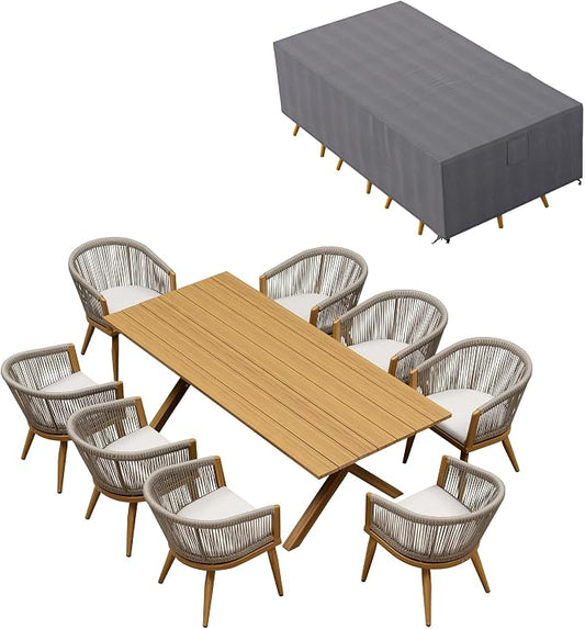 PURPLE LEAF Outdoor Dining Set with Waterproof Furniture Cover 9-Piece All-Weather Patio Set for 8 with Woodgrain Aluminum Table Rope Weave Chairs and Cushions, Teak